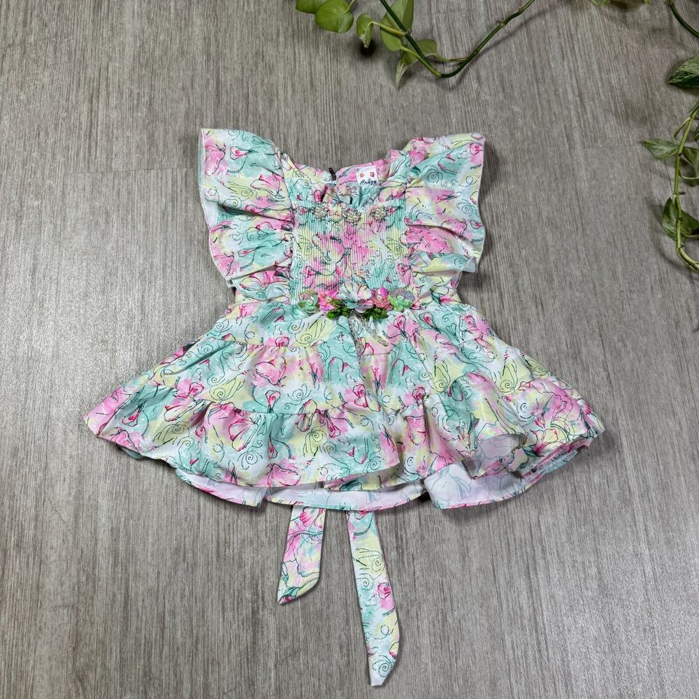 Vintage Girls 80s 90s Floral Party Ruffle Dress Crazy Girl Sz 16 Bejeweled